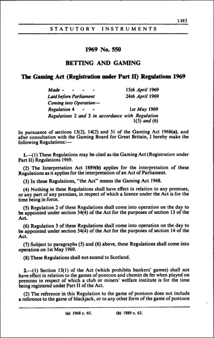 The Gaming Act (Registration under Part II) Regulations 1969