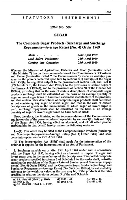 The Composite Sugar Products (Surcharge and Surcharge Repayments-Average Rates) (No. 4) Order 1969