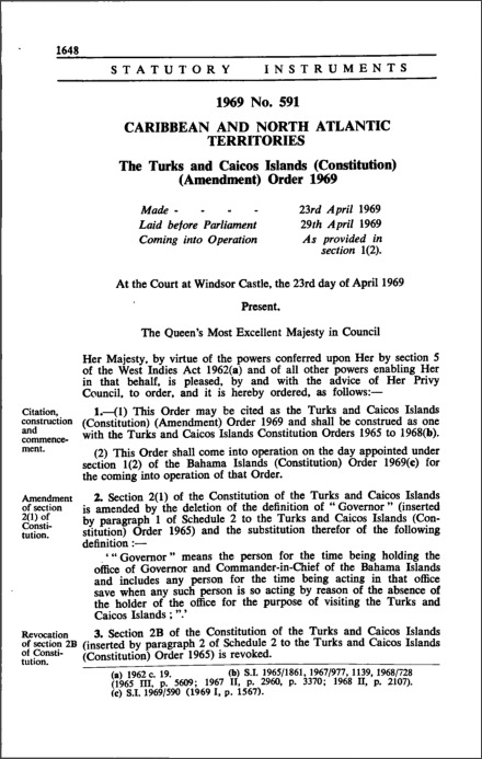 The Turks and Caicos Islands (Constitution) (Amendment) Order 1969
