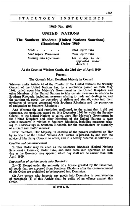 The Southern Rhodesia (United Nations Sanctions) (Dominica) Order 1969