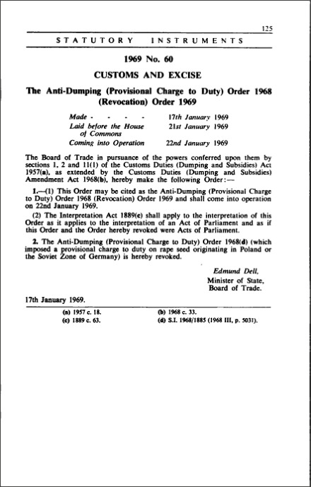 The Anti-Dumping (Provisional Charge to Duty) Order 1968 (Revocation) Order 1969