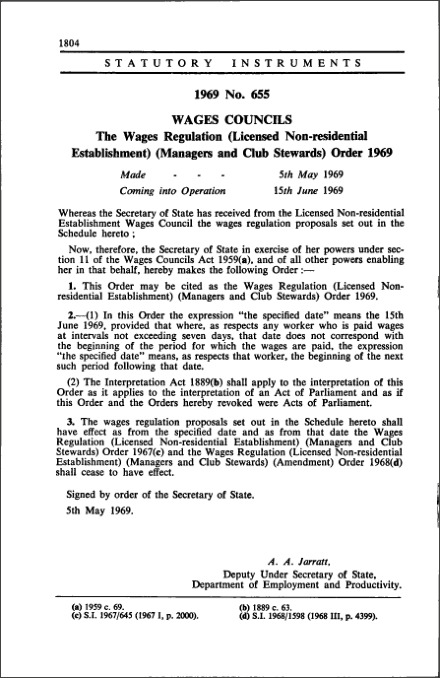 The Wages Regulation (Licensed Non-residential Establishment) (Managers and Club Stewards) Order 1969