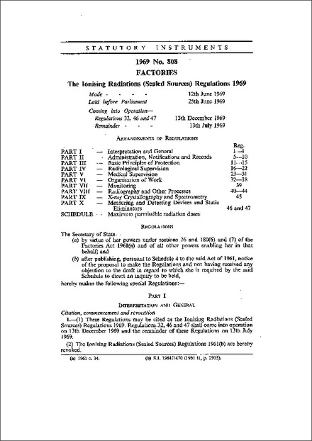 The Ionising Radiations (Sealed Sources) Regulations 1969