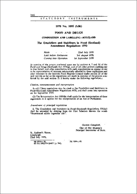 The Emulsifiers and Stabilisers in Food (Scotland) Amendment Regulations 1970