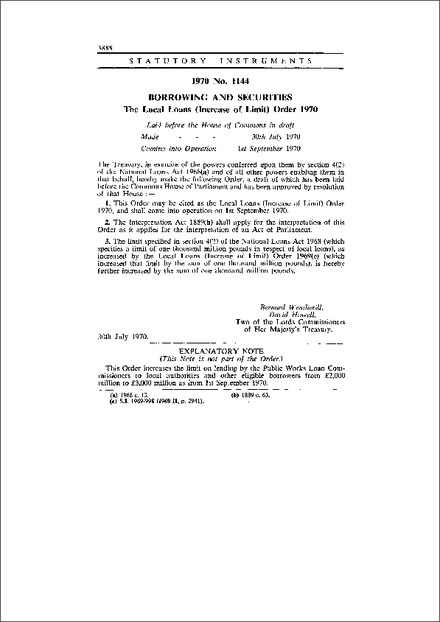 The Local Loans (Increase of Limit) Order 1970