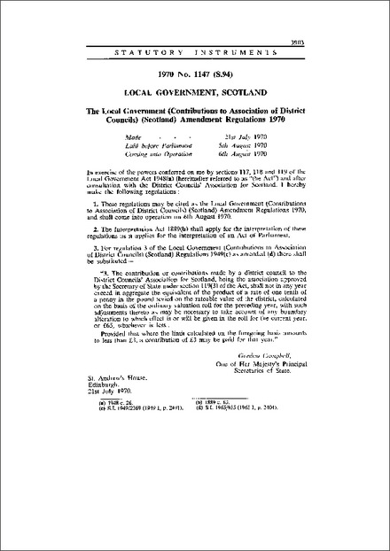 The Local Government (Contributions to Association of District Councils) (Scotland) Amendment Regulations 1970