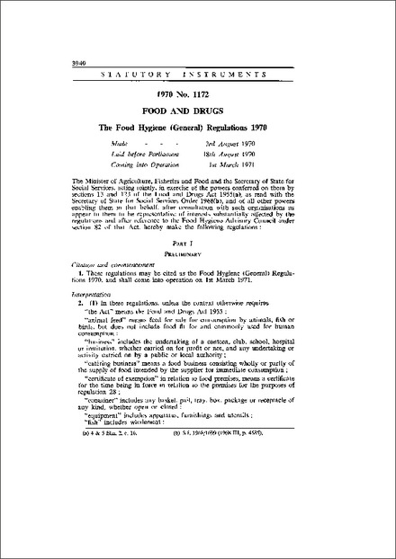 The Food Hygiene (General) Regulations 1970