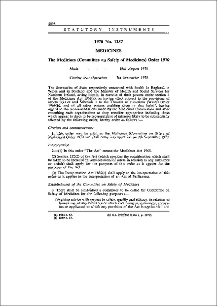 The Medicines (Committee on Safety of Medicines) Order 1970