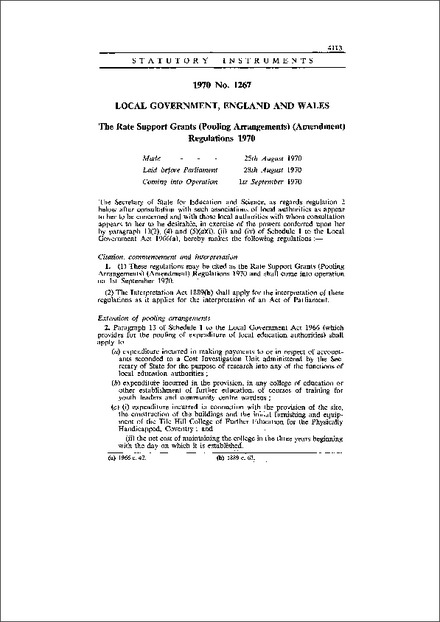 The Rate Support Grants (Pooling Arrangements) (Amendment) Regulations 1970