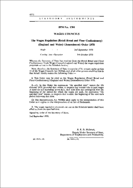 The Wages Regulation (Retail Bread and Flour Confectionery) (England and Wales) (Amendment) Order 1970