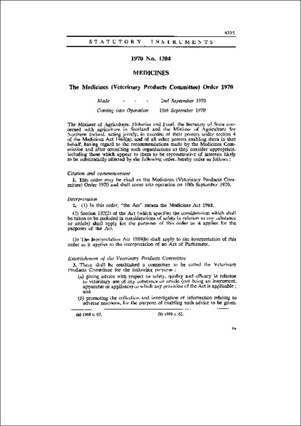 The Medicines (Veterinary Products Committee) Order 1970