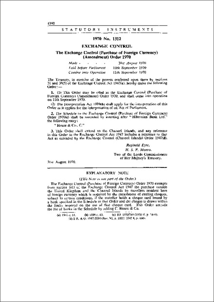 The Exchange Control (Purchase of Foreign Currency) (Amendment) Order 1970