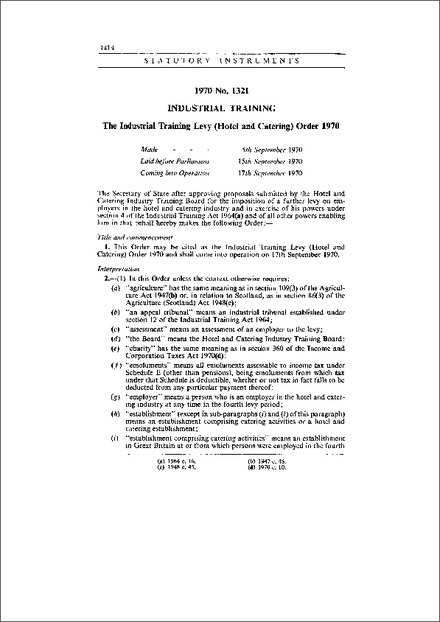 The Industrial Training Levy (Hotel and Catering) Order 1970