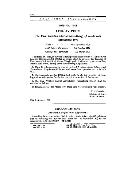 The Civil Aviation (Aerial Advertising) (Amendment) Regulations 1970