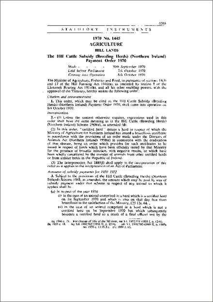 The Hill Cattle Subsidy (Breeding Herds) (Northern Ireland) Payment Order 1970