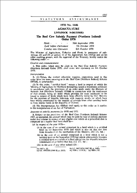 The Beef Cow Subsidy Payment (Northern Ireland) Order 1970