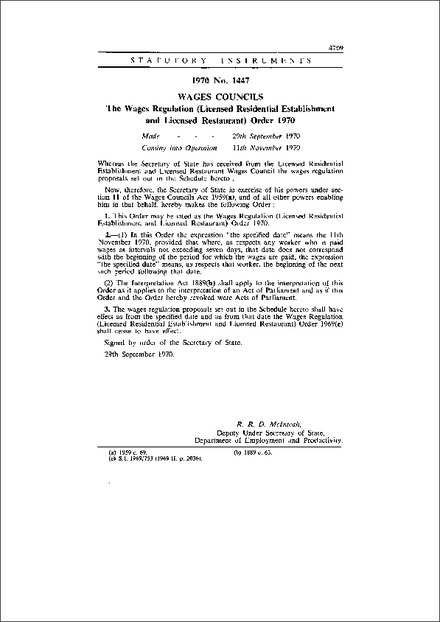 The Wages Regulation (Licensed Residential Establishment and Licensed Restaurant) Order 1970