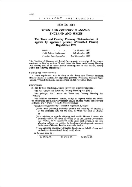 The Town and Country Planning (Determination of appeals by appointed persons) (Prescribed Classes) Regulations 1970