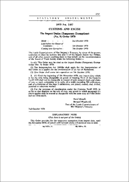 The Import Duties (Temporary Exemptions) (No. 9) Order 1970