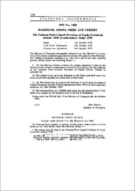 The National Ports Council Provision of Funds (Variation) Scheme 1970 (Confirmation) Order 1970