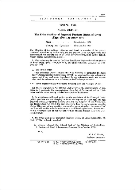 The Price Stability of Imported Products (Rates of Levy) (Eggs) (No. 11) Order 1970