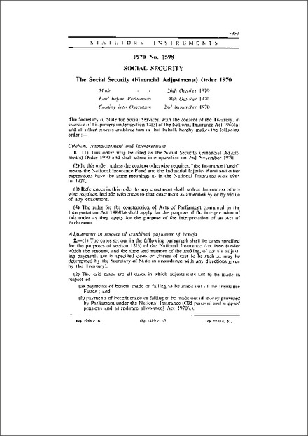 The Social Security (Financial Adjustments) Order 1970