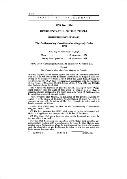 The Parliamentary Constituencies (England) Order 1970