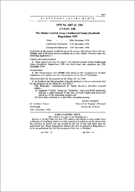 The Smoke Control Areas (Authorised Fuels) (Scotland) Regulations 1970