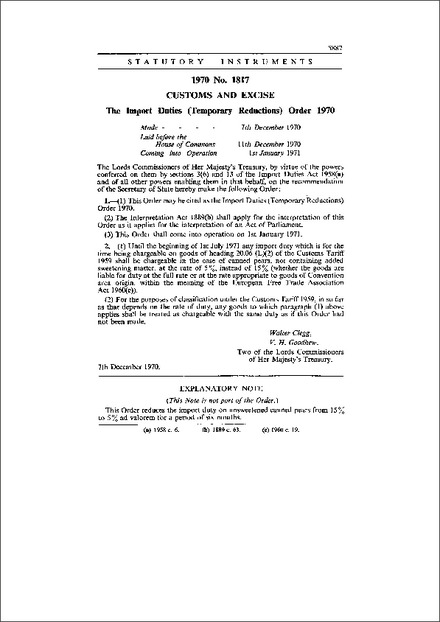 The Import Duties (Temporary Reductions) Order 1970