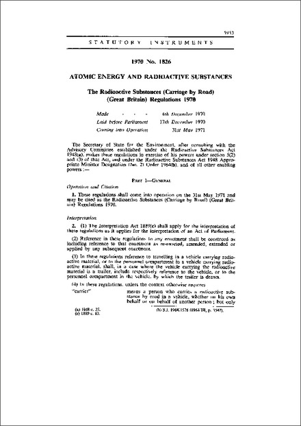 The Radioactive Substances (Carriage by Road) (Great Britain) Regulations 1970