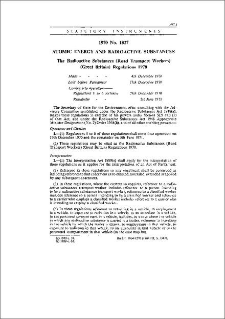 The Radioactive Substances (Road Transport Workers) (Great Britain) Regulations 1970