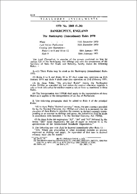 The Bankruptcy (Amendment) Rules 1970