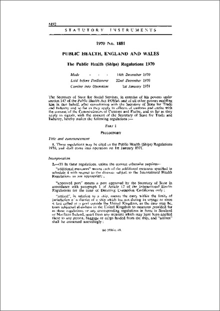 The Public Health (Ships) Regulations 1970