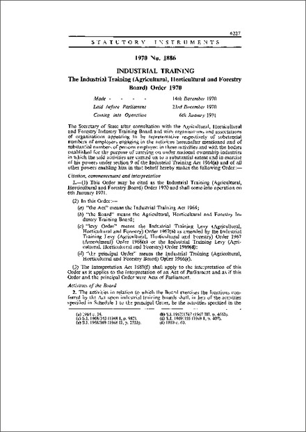 The Industrial Training (Agricultural, Horticultural and Forestry Board) Order 1970