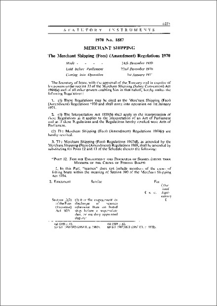 The Merchant Shipping (Fees) (Amendment) Regulations 1970