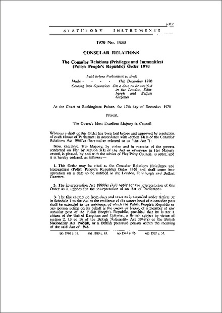 The Consular Relations (Privileges and Immunities) (Polish People's Republic) Order 1970