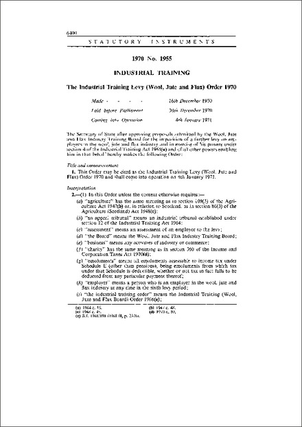 The Industrial Training Levy (Wool, Jute and Flax) Order 1970