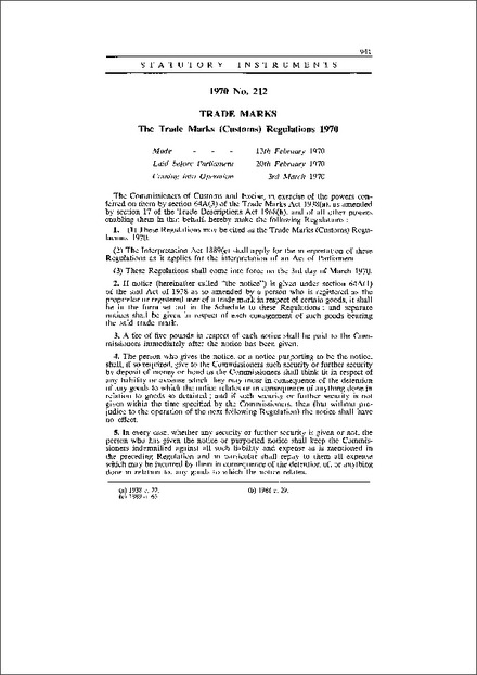The Trade Marks (Customs) Regulations 1970