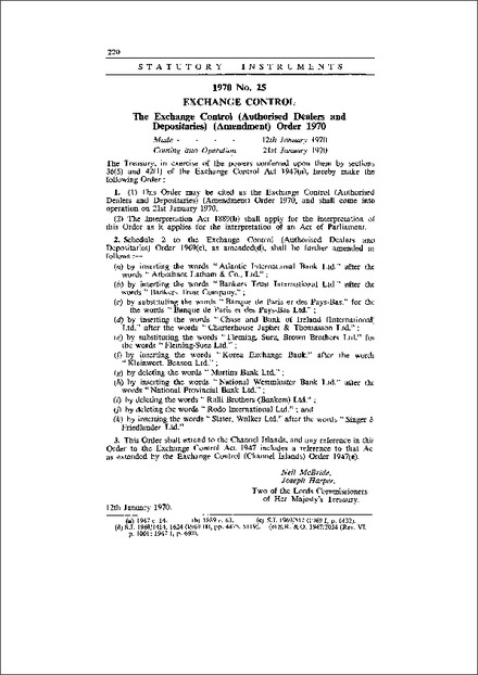 The Exchange Control (Authorised Dealers and Depositaries) (Amendment) Order 1970