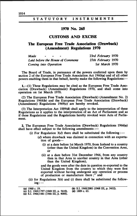 The European Free Trade Association (Drawback) (Amendment) Regulations 1970