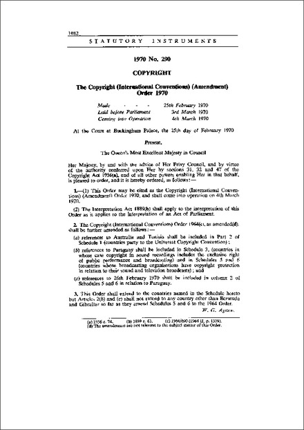 The Copyright (International Conventions) (Amendment) Order 1970