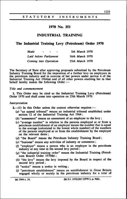 The Industrial Training Levy (Petroleum) Order 1970
