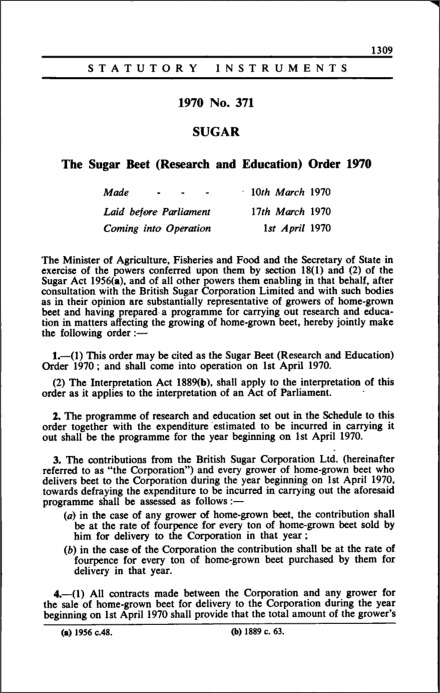 The Sugar Beet (Research and Education) Order 1970