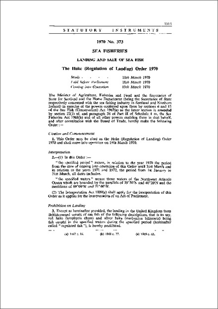 The Hake (Regulation of Landing) Order 1970