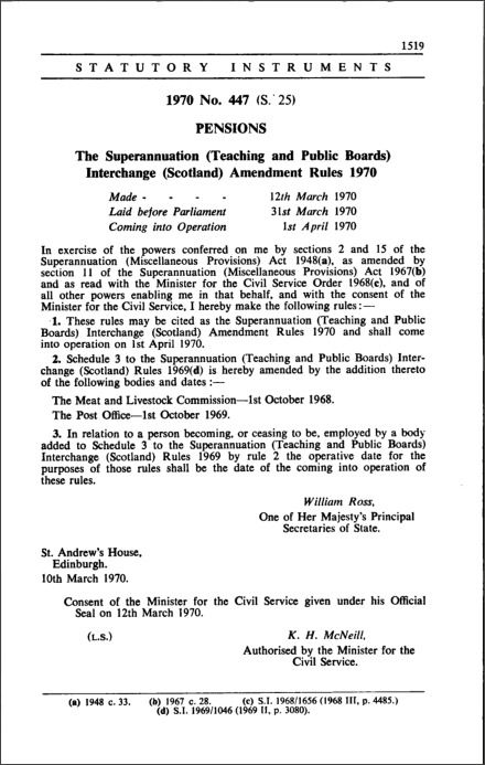 The Superannuation (Teaching and Public Boards) Interchange (Scotland) Amendment Rules 1970