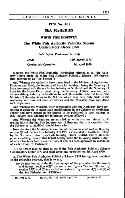 The White Fish Authority Publicity Scheme Confirmatory Order 1970