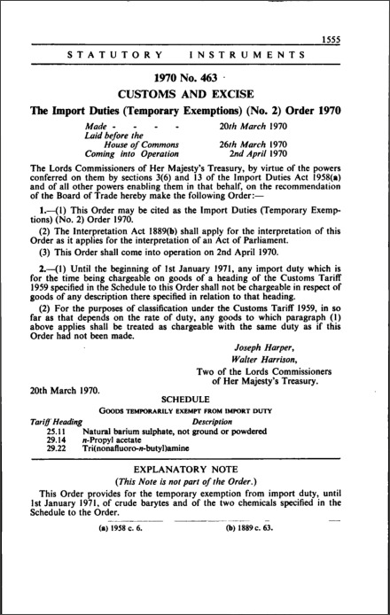 The Import Duties (Temporary Exemptions) (No. 2) Order 1970