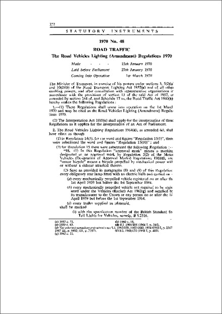 The Road Vehicles Lighting (Amendment) Regulations 1970
