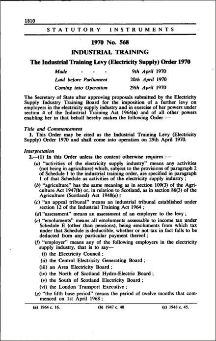 The Industrial Training Levy (Electricity Supply) Order 1970