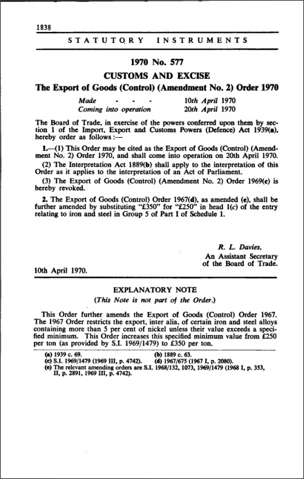 The Export of Goods (Control) (Amendment No. 2) Order 1970